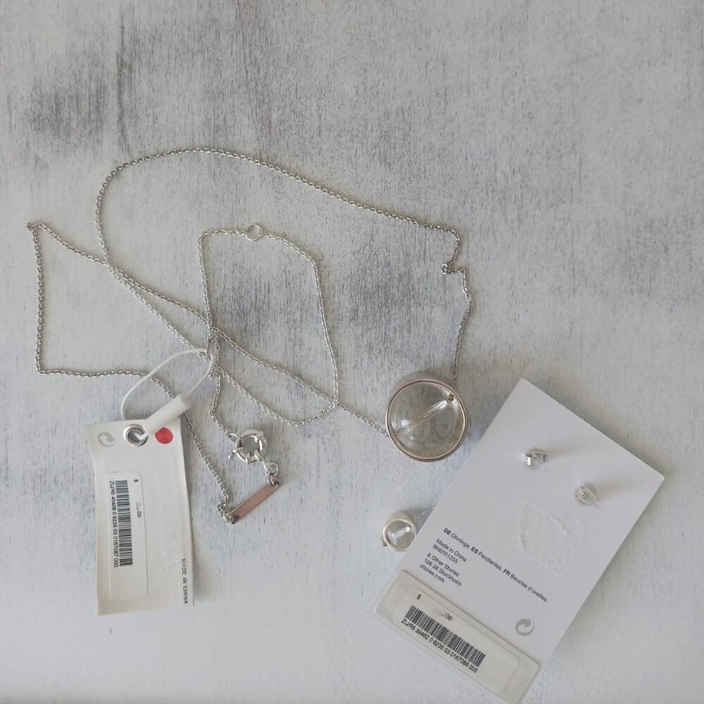 & OTHER STORIES Set of ORB PENDANT EARRINGS SILVER & Clear and Matched Necklace - Picture 11 of 11